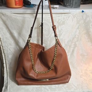 Anne Klein Brown Faux Leather Shoulder Tote Bag Witb Chain Accent
